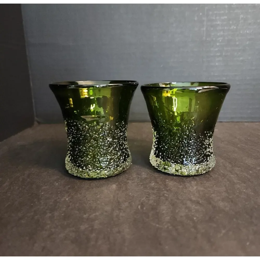 Hand Blow Art Glass Frit Overshot Green 2 Votive Candle Holders, Vases, Juice